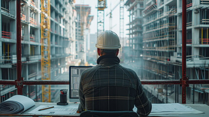 Contractor looking at a laptop on a construction site